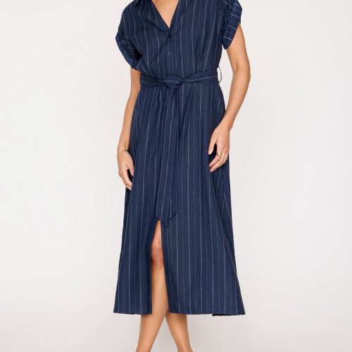 Fia Belted Stripe Dress NLS3998 Navy Pinstripe 2660