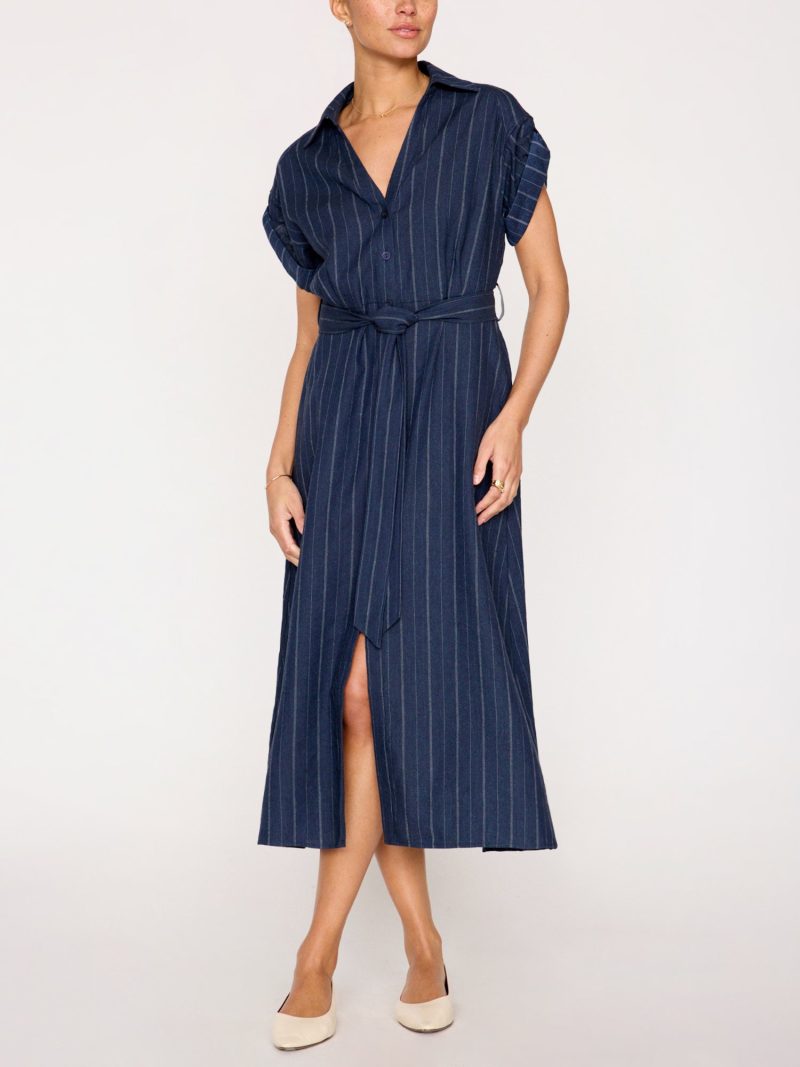 Fia Belted Stripe Dress NLS3998 Navy Pinstripe 2660